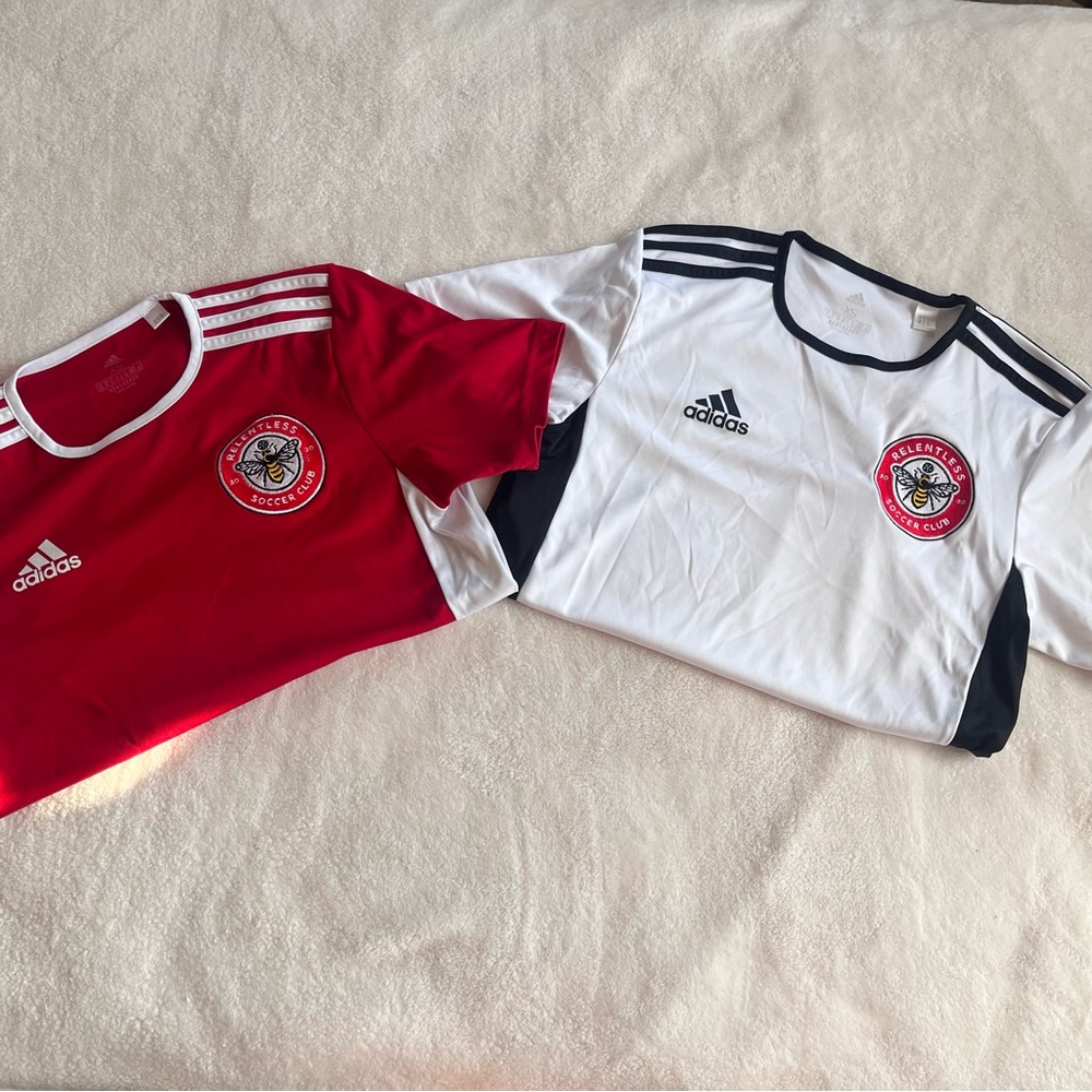 Relentless Soccer Club Set Of 2 Adidas Dri Fit Shirts XS Kids Red White‎